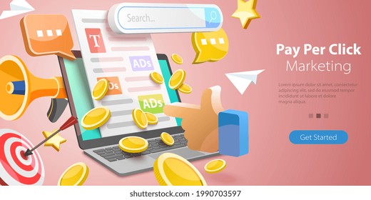 3D Isometric Flat Vector Conceptual Illustration of PPC - Pay Per Click Marketing Campaign, Online Paid Advertising Service