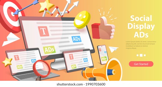 3D Isometric Flat Vector Conceptual Illustration of Social Display Ads, Cross-device and Retargeting Marketing Campaign