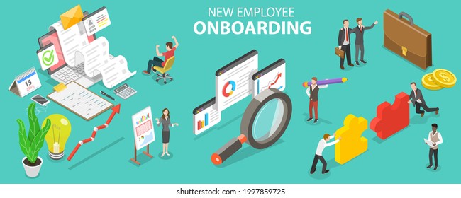 3D Isometric Flat Vector Conceptual Illustration of New Employee Onboarding, Organizational Socialization and Acquiring the Necessary Knowledge, Skills, Behaviors