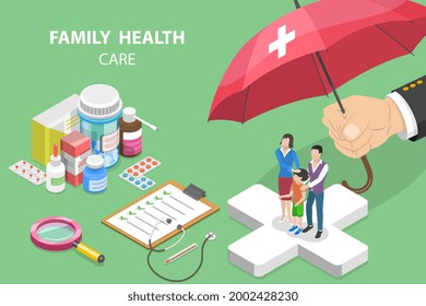 3D Isometric Flat Vector Conceptual Illustration of Family Health Care, Professional Medical Insurance Service