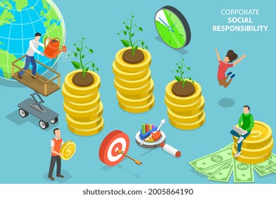 3D Isometric Flat Vector Conceptual Illustration of Corporate Social Responsibility, Sustainable and Fair Rights Organization Management