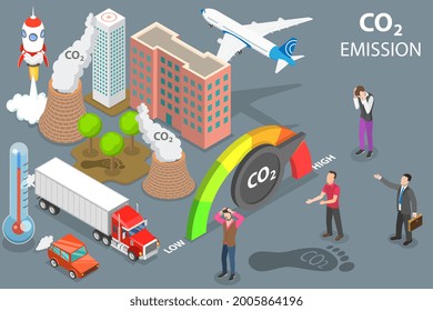 3D Isometrisches flaches Vektordesign, konzeptionelle Illustration von CO2-Emissionen, globale Luftverschmutzung