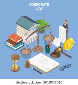 3D Isometric Flat Vector Conceptual Illustration Of Corporate Law, Regulation Of Commercial Entities