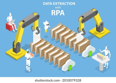 3D Isometric Flat Vector Conceptual Illustration of Data Extraction with RPA, Robotic Process Automation, Artificial Intelligence