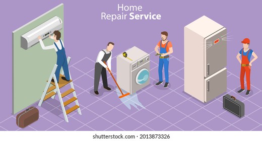 3D Isometric Flat Vector Conceptual Illustration Of Professional Home Repair Service, Fixing Broken Technics