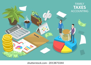 3D Isometric Flat Vector Conceptual Illustration of Family Taxes Accounting, Budget Planning and Analysis