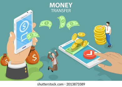 3D Isometric Flat Vector Conceptual Illustration of Online Money Transfer, Internet Banking and Mobile Payments