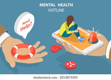 3D Vector plano isométrico Ilustración conceptual de la línea directa de salud mental, servicio de asistencia psicológica en línea