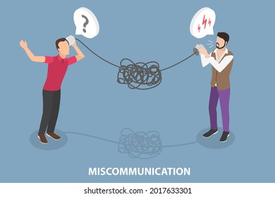 3D Isometric Flat Vector Conceptual Illustration of Miscommunication, Communication Barriers in Conversation Between People