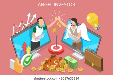 3D Isometric Vector plano Conceptual Ilustración de Angel Investor, Startup Invest