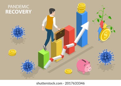 Isométrico Vector Plano 3D Ilustración conceptual de recuperación pandemia, crecimiento positivo del negocio