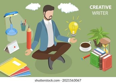 3D Isometric Flat Vector Conceptual Illustration of Creative Writer , Blog Articles Creation