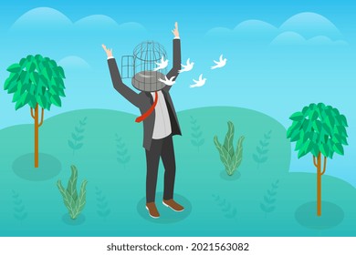3D Isometric Flat Vector Conceptual Illustration of Open Mind, Free Growth Mindset