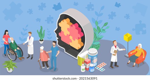 3D Isometric Flat Vector Conceptual Illustration of Alzheimer Disease, Memory Loss Treatments