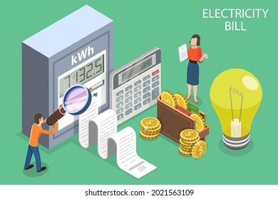 3D Isometric Flat Vector Conceptual Illustration of Electricity Bill, Utility Invoice Payment