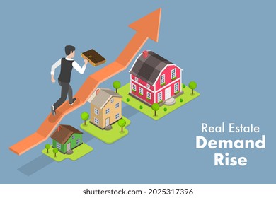 3D Isometric Flat Vector Conceptual Illustration of Real Estate Demand Rise, Property Investment