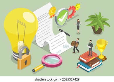 3D Isometric Flat Vector Conceptual Illustration of Copyright and Intellectual Property Protection, Patent Law Certificate