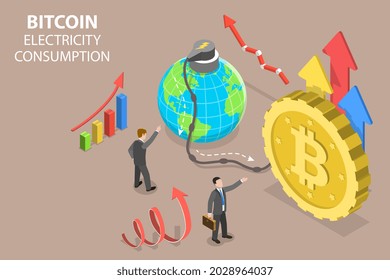 3D Isometric Flat Vector Conceptual Illustration of Bitcoin Electricity Consumption, Cryptoucurrency Carbon Footprint