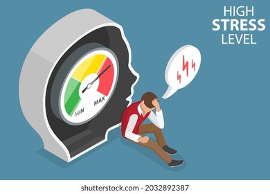 3D Isometric Flat Vector Conceptual Illustration of High Stress Level, Emotional Overload and Mental Exhaustion