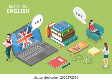 3D Isometric Flat Vector Conceptual Illustration of Learning English, Language Internet Courses