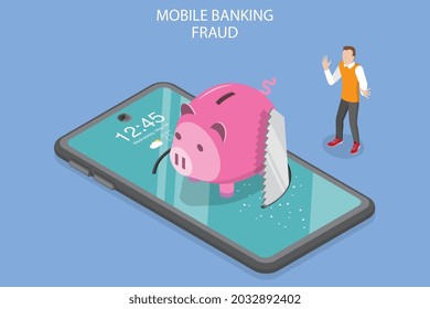 3D Isometric Flat Vector Conceptual Illustration of Mobile Banking Fraud, Hacking and Cyber Crime