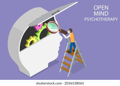 3D Isometric Flat Vector Conceptual Illustration of Open Mind Psychotherapy, Mental Health Treatment