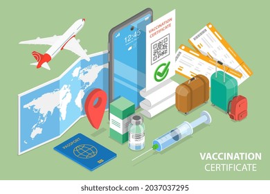 3D Isometric Flat Vector Conceptual Illustration of Vaccination Certificate, COVID-19 Immunity Passport