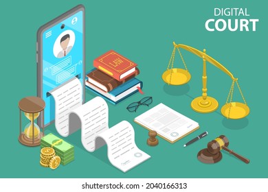 3D Isometric Flat Vector Conceptual Illustration of Digital Court, Online Legal Services and Internet Lawyer Advice