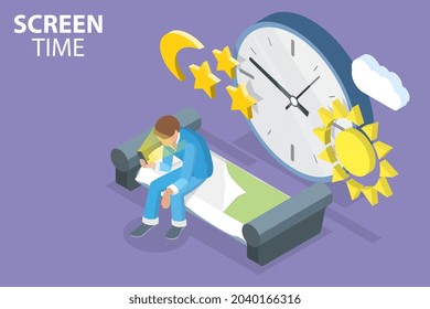 3D Isometric Flat Vector Conceptual Illustration of Screen Time, Electronic Gadget Addiction