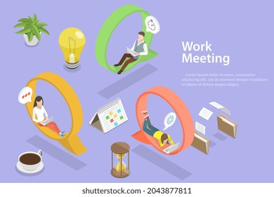 Ilustración conceptual del Vector plano isométrico 3D de la reunión de trabajo en línea, software para videoconferencia y comunicación digital