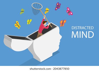 3D Isometric Flat Vector Conceptual Illustration of Distracted Mind, ADHD Attention Disorder