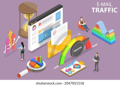 3D Isometric Flat Vector Conceptual Illustration of Email Traffic, Digital Business and E-mail Marketing Strategy