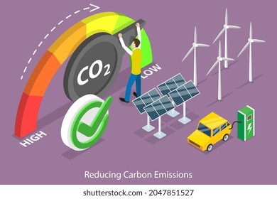 Isométrico Vector Plano 3D Ilustración conceptual de la reducción de las emisiones de carbono, el desarrollo sostenible como crecimiento de la industria de la energía renovable