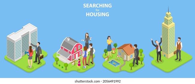 3D Isometric Flat Vector Conceptual Illustration of Searching For Housing, Home to Buy or Property for Sale