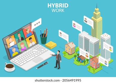 3D Isometric Flat Vector Conceptual Illustration of Hybrid Work, Remotely Work from Home