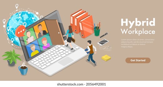 3D Isometric Flat Vector Conceptual Illustration of Hybrid Workplace, Teleworking and Business Teamwork