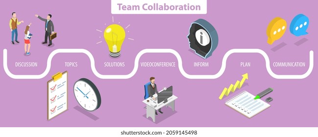 3D Isometric Flat Vector Conceptual Illustration of Team Collaboration, Coworking and Business Partnership