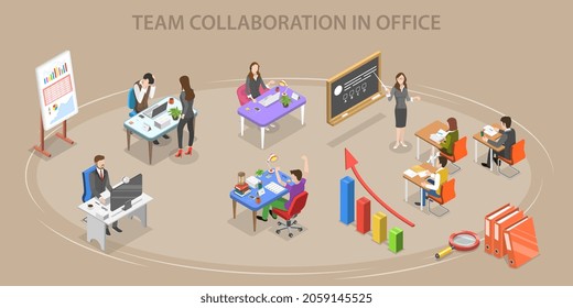 3D Isometric Flat Vector Conceptual Illustration of Team Collaboration In Office, Ope Co-working Space