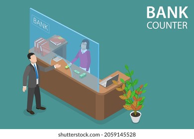 3D Isometric Flat Vector Conceptual Illustration Of Bank Counter, Professional Banking Service