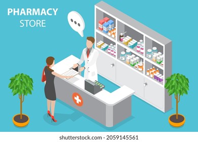 3D Isometric Flat Vector Conceptual Illustration of Pharmacy Store, Healthcare Industry