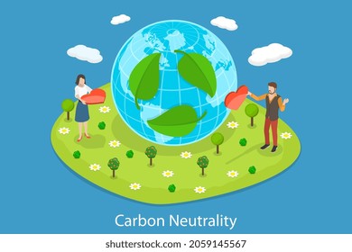 3D Isometric Flat Vector Conceptual Illustration Of Carbon Neutrality, Green Lifestyle And Eco Friendly World