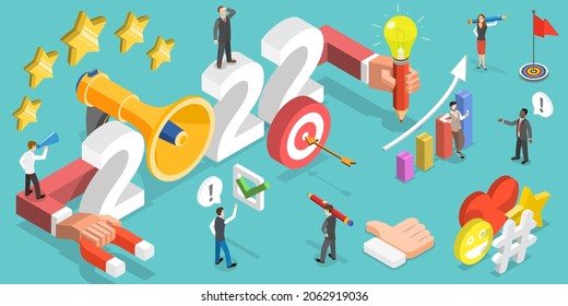 3D Isometric Flat Vector Conceptual Illustration Of New Year Digital Marketing Trends, Social Media Campaign Planning
