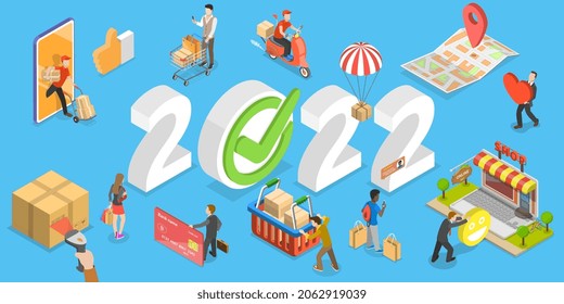 3D Isometric Flat Vector Conceptual Illustration of E-commerce Trends in New Year, Online Shopping and Retail Perspectives in Nearest Future