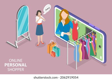 3D Isometric Flat Vector Conceptual Illustration of Online Personal Shopper, Fashion Consultant Service