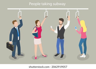 Vector plano isométrico 3D Ilustración conceptual de personas que toman el metro, tren o autobús, transporte público y transporte urbano