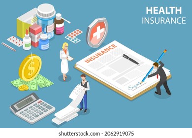 3D Isometric Flat Vector Conceptual Illustration of Health Insurance, Signing Policy Document