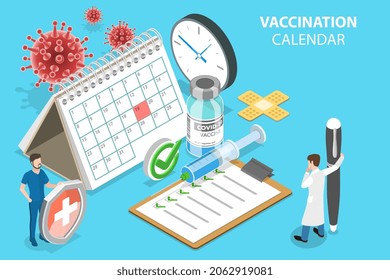 3D Isometric Flat Vector Conceptual Illustration of Vaccination Calendar, Immunization Schedule