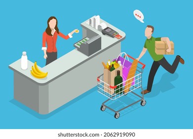 3D Isometric Flat Vector Conceptual Illustration of Supermarket Cashier, Worker Behind the Cashier Counter in Supermarket