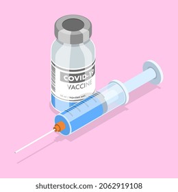 3D Isometric Flat Vector Conceptual Illustration Of COVIDE-19 Vaccine, Syringe For Injection And Bottlee With Medicine