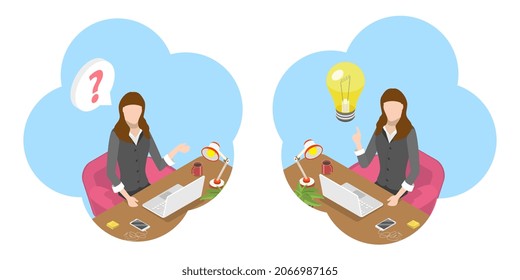 3D Isometric Flat Vector Conceptual Illustration of Question And Answer, The Same Woman Making Decision and Finding Solution